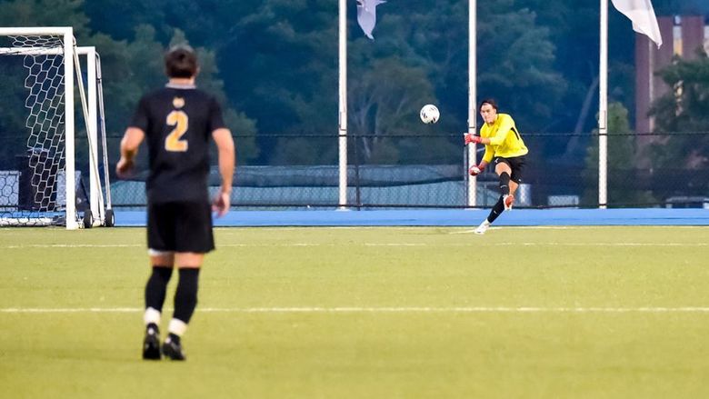 Penn State Altoona student-athlete Sasha Mohoruk plays goalie in a soccer match