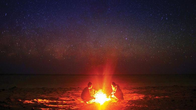 Two individuals sitting around a campfire beneath a star-mottled sky