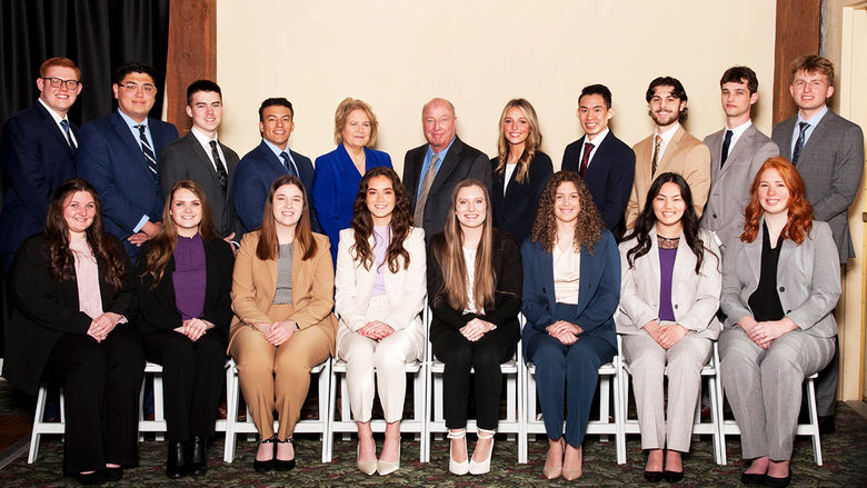 The 12th class of Sheetz Fellows pose for a photo with Steve and Nancy Sheetz and faculty member Donna Bon