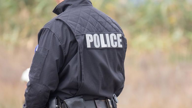 A police officer in uniform facing away from the camera