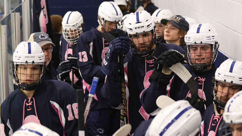 The team ready to take the ice for a home game against Robert Morris University. 