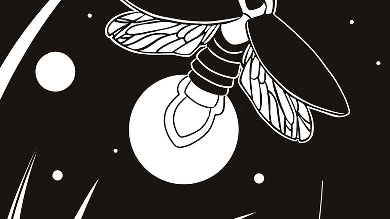 Black and white print of a glowing firefly flying among tall grass at night, with circular stars or light orbs scattered across the sky.