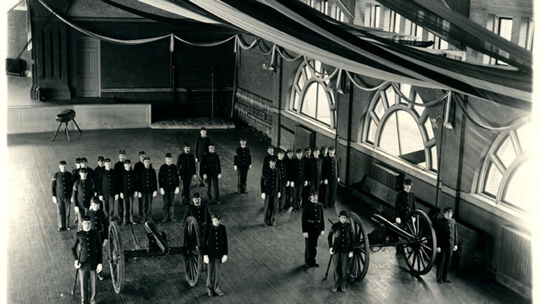 Cadets stand in the Armory in 1894