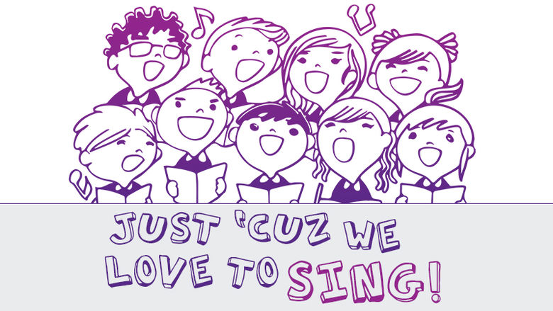 Just Cuz We Like to Sing graphic with cartoon choir