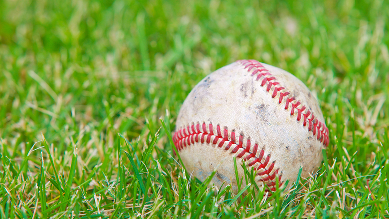 A baseball sitting in a field of grass