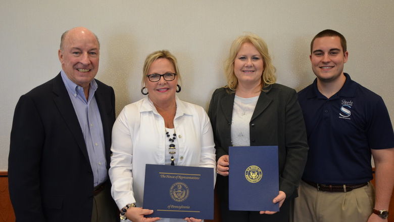 Steve Sheetz, founder of the Sheetz Fellows Program, State Representative Judy Ward, Donna Bon, and Jesse Ickes, Sheetz Fellows president celebrate Bon's state accolades.