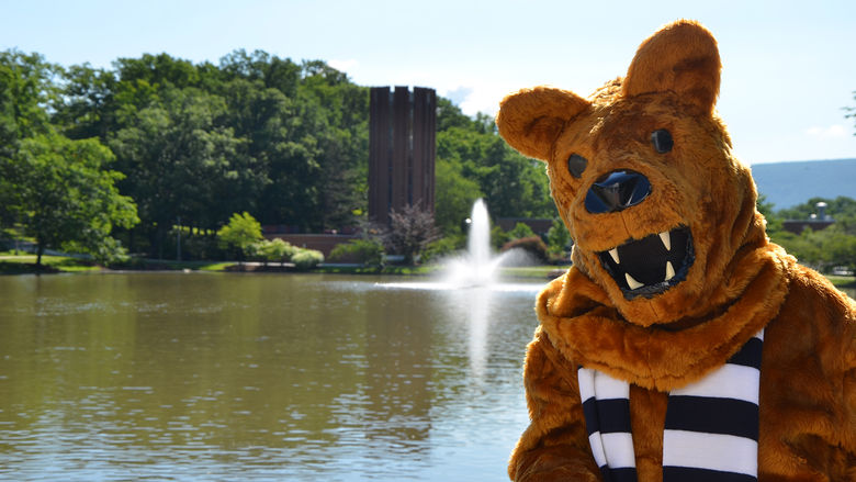 Nittany Lion in front of Eve Chapel
