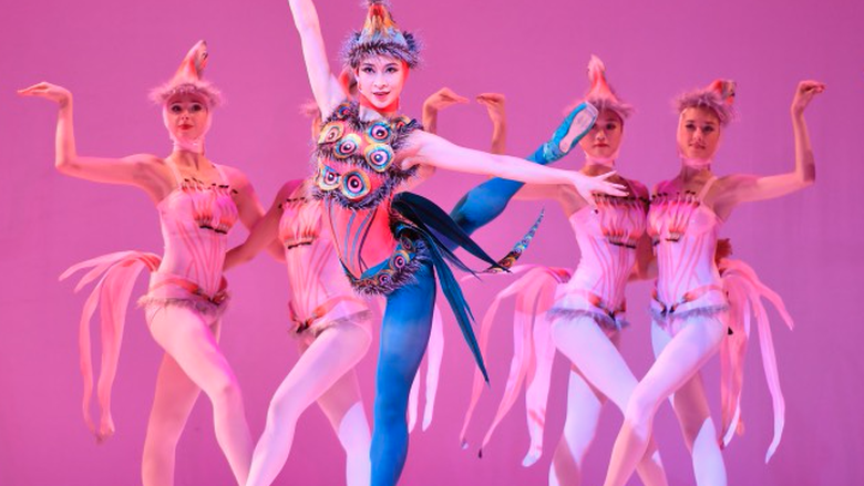 A dancer wearing a flamingo-inspired costume stands on one leg as she kicks her other into the air.