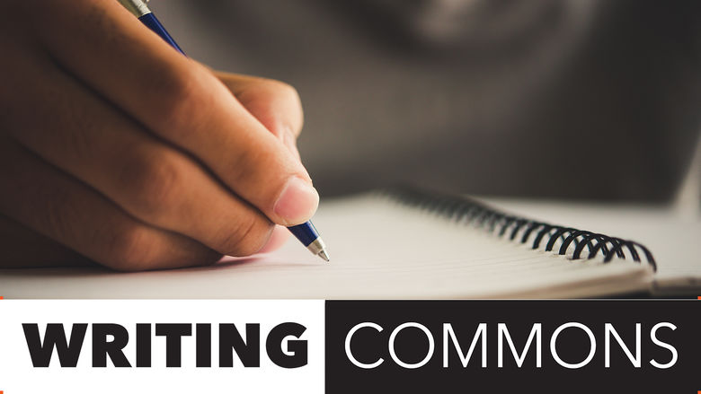 Writing Commons logo with photo of woman writing in a notebook