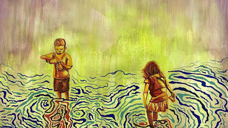 Artwork by Grace Brown depicting two children playing in the water.