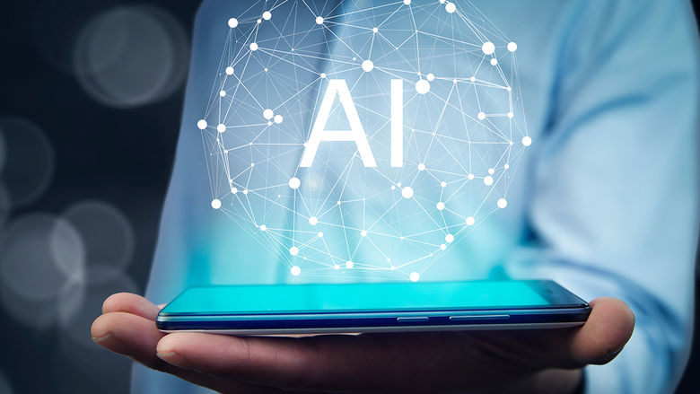 A hand holding a tablet with the letters AI floating above it