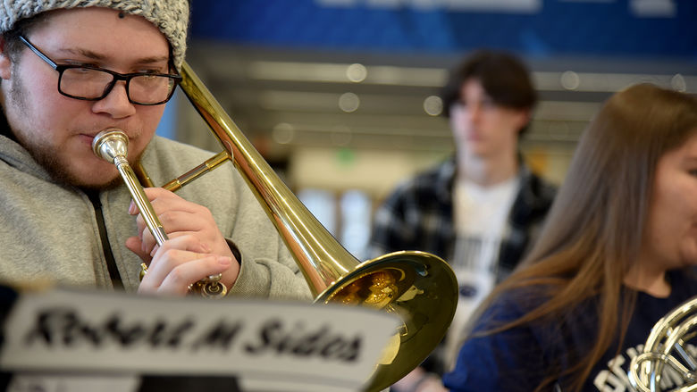 Alexander Pool plays the piston trombone for the Penn State Altoona pep band. He is studying digital media arts and technology.
