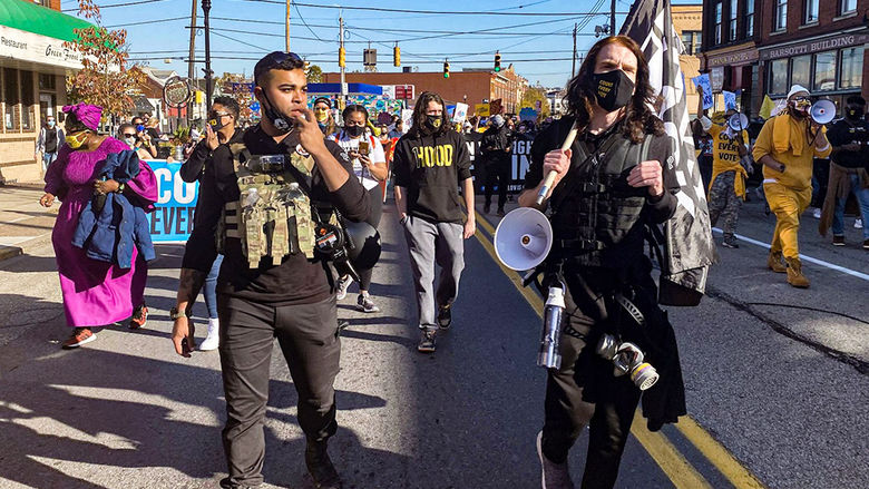Andrae Holsey leads the Count Every Vote march in Pittsburgh in Nov. 2020.