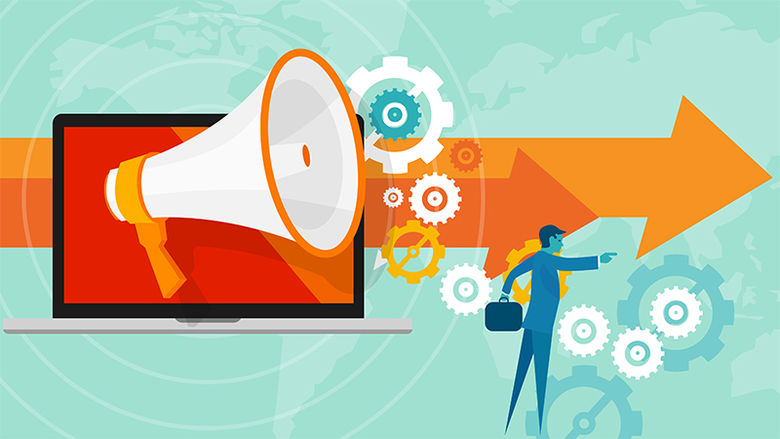 A graphic of a man in the foreground with a computer, a megaphone, gears, and an arrow in the background