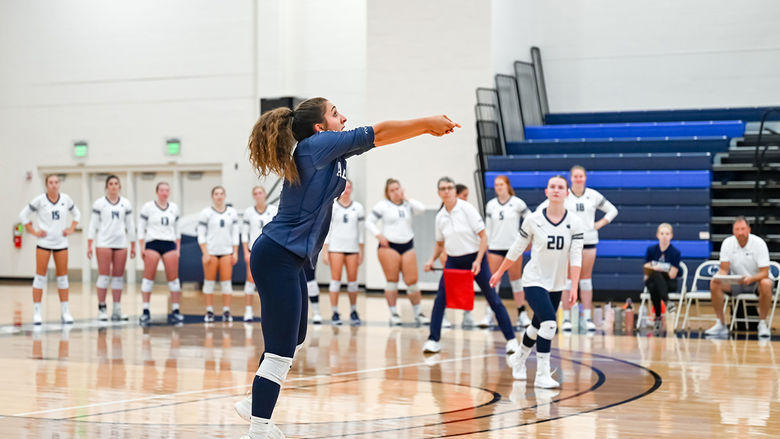 Penn State Altoona volleyball player Anna Batrus hits the ball in a match