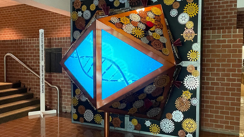 Biomachine sculpture in the Misciagna Family Center for Performing Arts