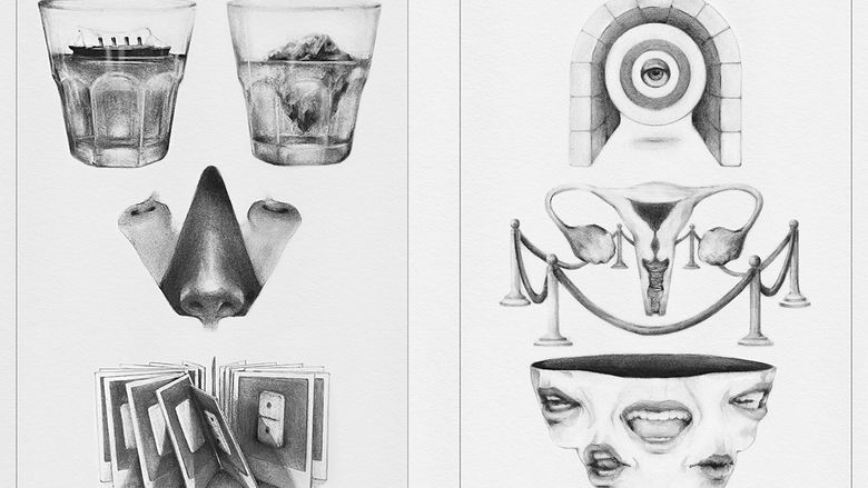 Artwork by Sophie Brenneman combining unusual images, such as an iceberg in a drinking glass.