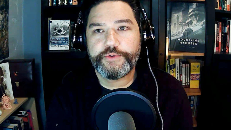 Brian Onishi recording an episode of the Horror Joy podcast