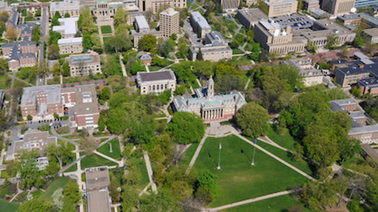 Aerial photo of Old Main and campus
