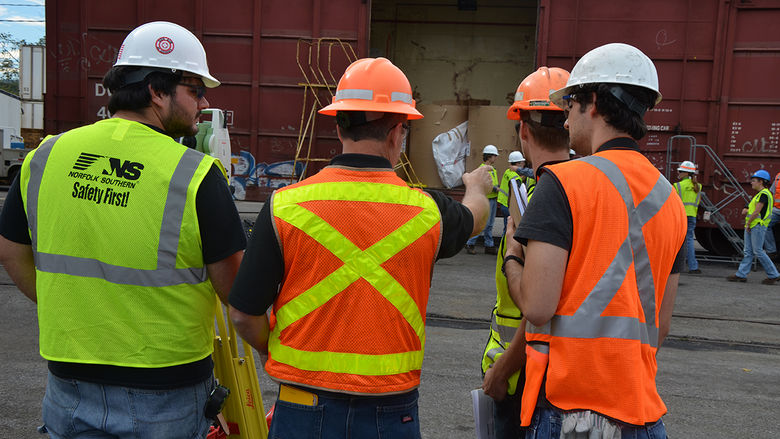 Brian Daniel of Leica Geosystems Teaches RTE students to use Leica SafeLoad© Measurement system to measure freight cars at Norfolk Southern’s Rose Yard in Altoona, PA