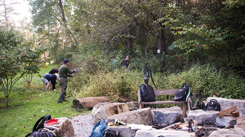 Students study with professor Todd Davis at the Seminar Forest