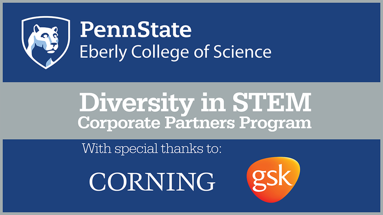 Eberly College of Science Diversity in STEM Corporate Partners Program logo, with special thanks to Corning and GlaxoSmithKline