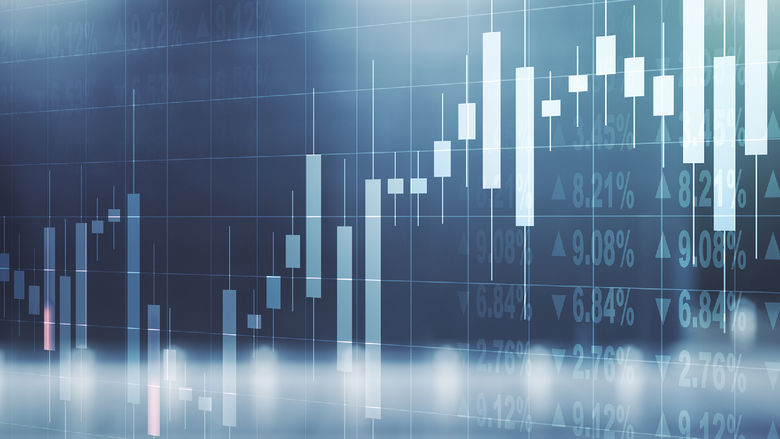 A digital rendering of a financial candlestick chart showing fluctuating stock or cryptocurrency prices on a blue-toned grid background.