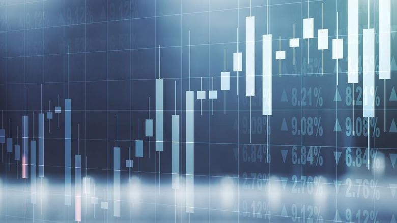 A digital rendering of a financial candlestick chart showing fluctuating stock or cryptocurrency prices on a blue-toned grid background.