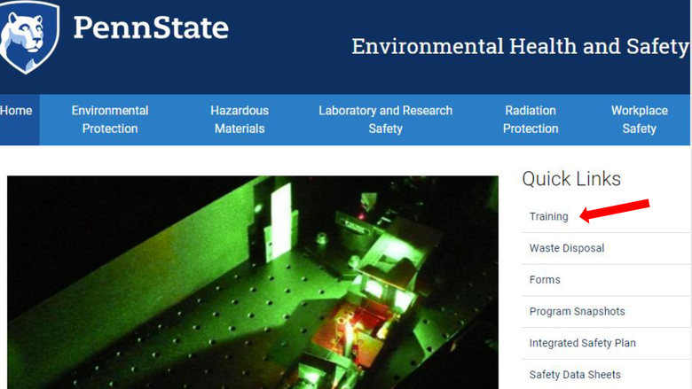 Screen capture of the EHS homepage with an arrow indicating the quick link to training