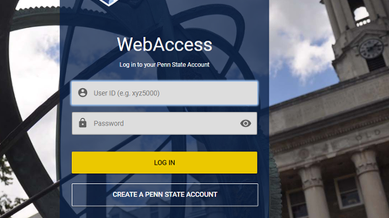 Screen capture of the standard PSU WebAccess log in screen