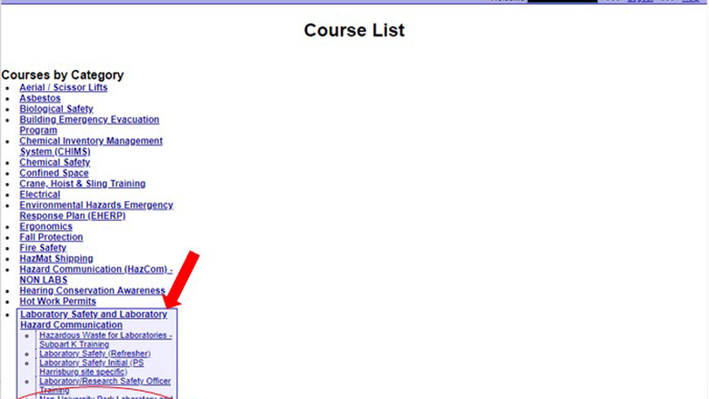 Screen capture of the EHS training page with the required trainings circled in red