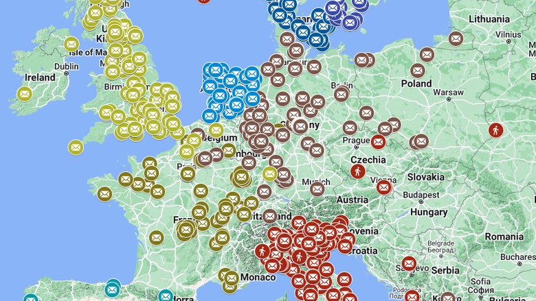 A map of reported cases of the 1918 flu across Europe