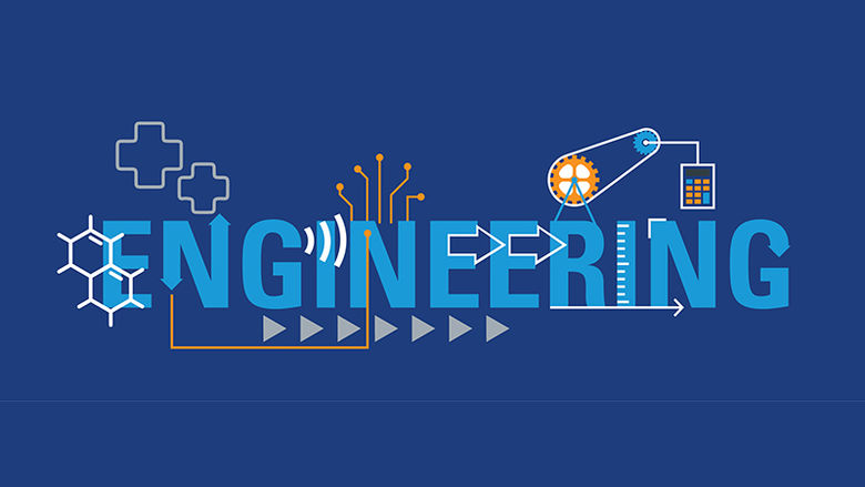 The word engineering surrounded by graphics representing various aspects of the engineering field