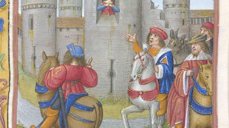 An illustration featuring four knights on horseback reaching a castle, where a woman appears in a tower window, from Perceforest.