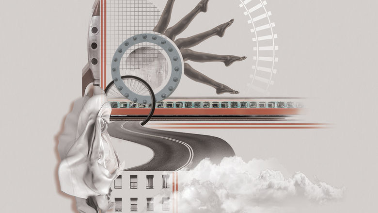 An artistic collage of different modes of transportation including railroad tracks, legs, a highway, and a train