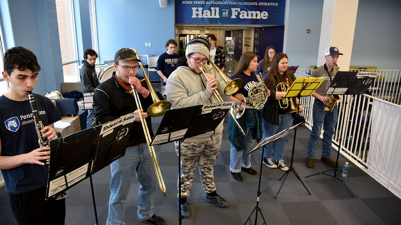 The Penn State Altoona pep band plays at a home men’s basketball game in February.