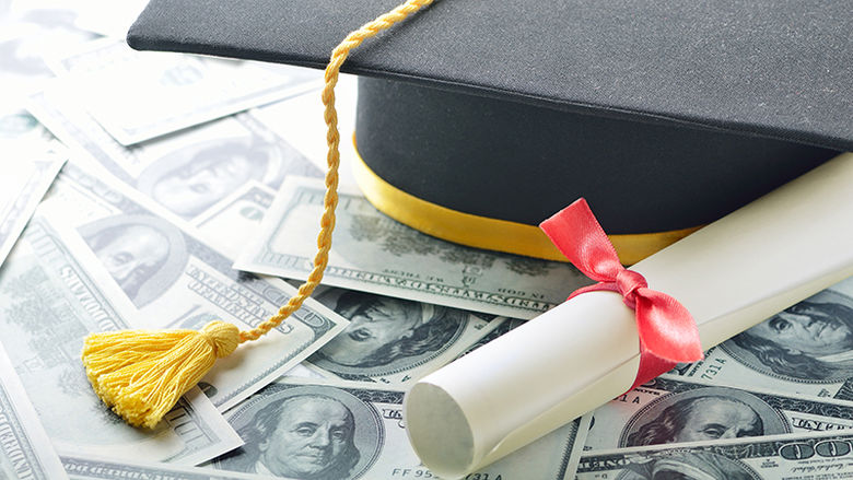 Money and graduation cap, diploma