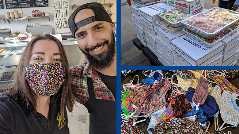 Three photos. Angela Buccellato poses with the owner of a restaurant, a cart loaded with food items, and a pile of homemade masks