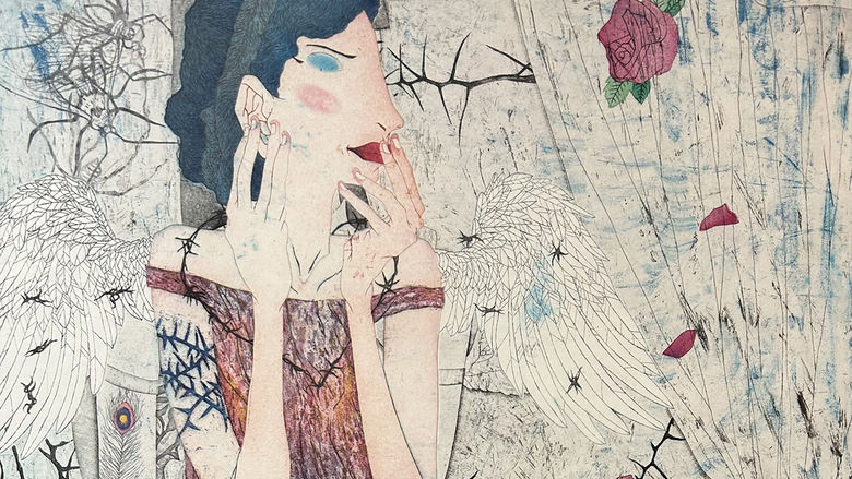 A piece of art depicting a woman kneeling on a tiled floor with branchs and flower petals floating around her
