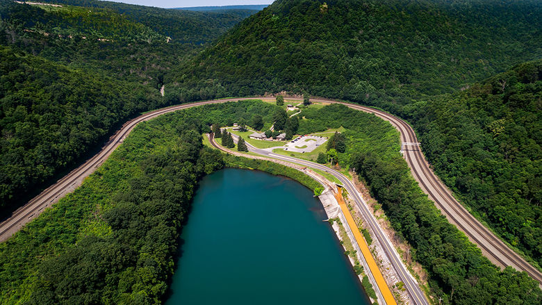 Aerial view of Horseshoe Curve in Altoona, PA