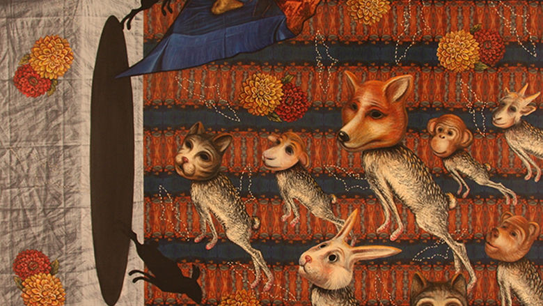 Halloween-inspired artwork featuring animals with identical bodies but different heads