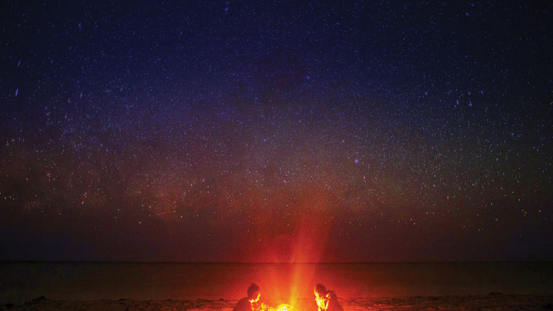 Two individuals sitting around a campfire beneath a star-mottled sky