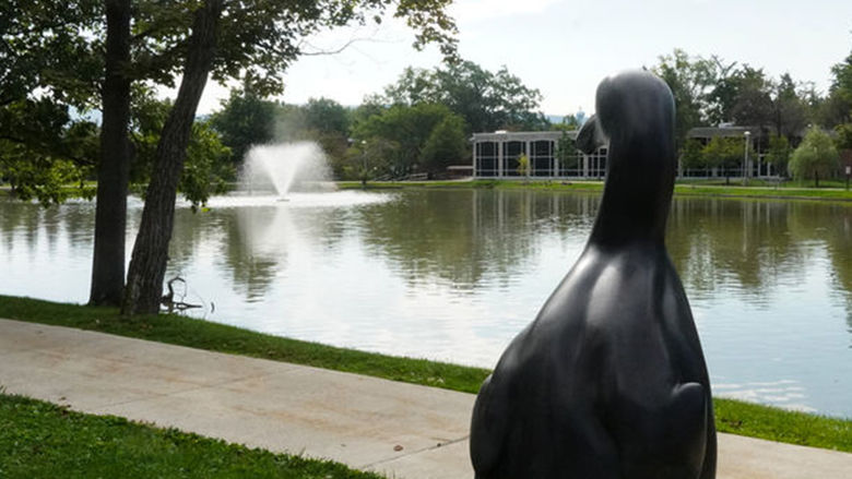 The great auk, which was a large flightless seabird found in the North Atlantic Ocean, can be found at the Penn State Altoona Reflecting Pond.