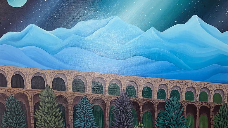 Artworking by Maggie Parks depicting the northern lights over mountain tops and trees