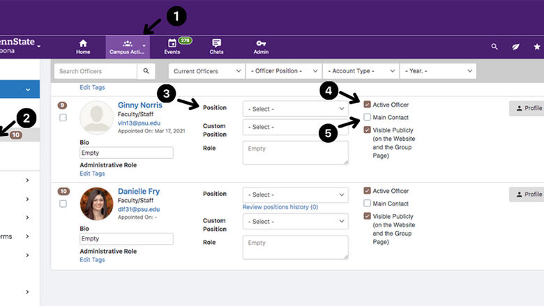 A screen capture of a screen in Connect showing how to manage organization officers