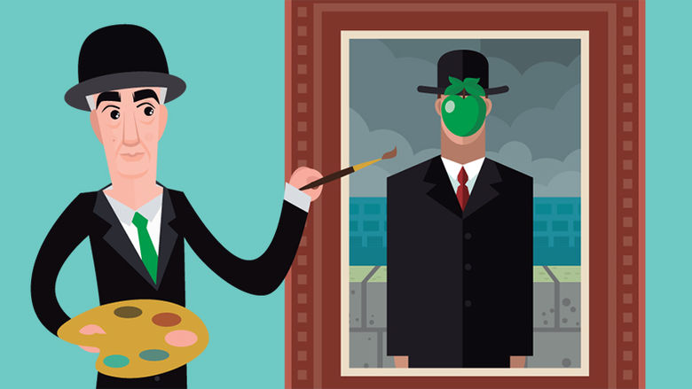 A cartoon version of artist Rene Margritte painting Son of Man