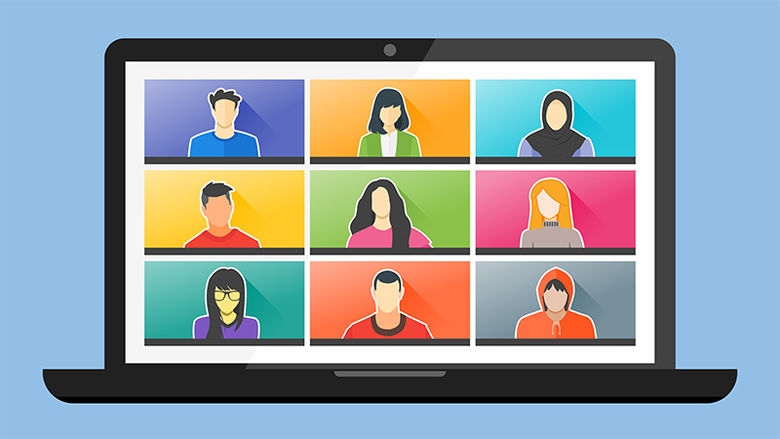 A graphic representing a video conference call, similar to Zoom