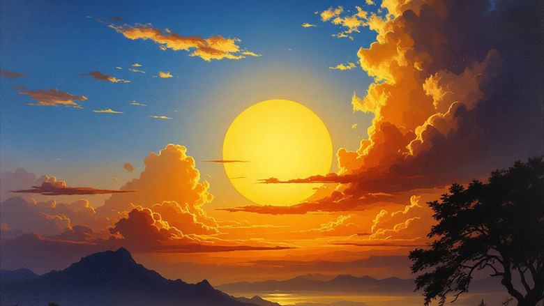 A magnificent golden sun hangs low in the sky, surrounded by dramatic clouds painted in shades of orange and gold. The sweeping landscape below shows dark mountain silhouettes shrouded in evening mist, while the deep blue sky transitions to warmer tones near the horizon. Wispy clouds catch the last rays of sunlight, creating a peaceful and awe-inspiring scene that captures the magical moment between day and night.