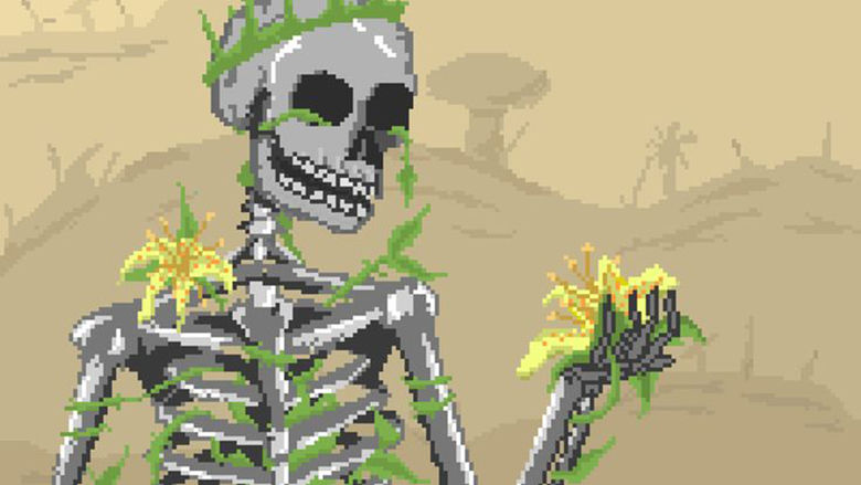 artwork depicting a skeleton holding a yellow flower as vines grow throughout its bones