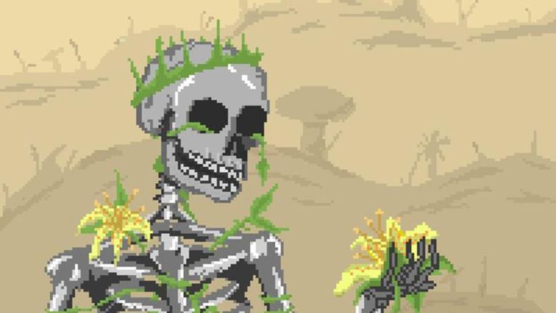 artwork depicting a skeleton holding a yellow flower as vines grow throughout its bones